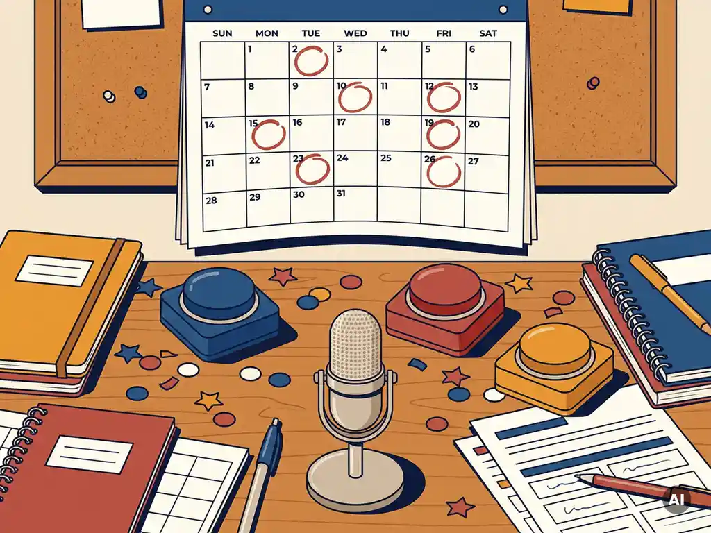 Wandkalender met rode cirkels op boekingsdata boven een quizplanningstafel met buzzers, confetti en quizmastermicrofoon.
