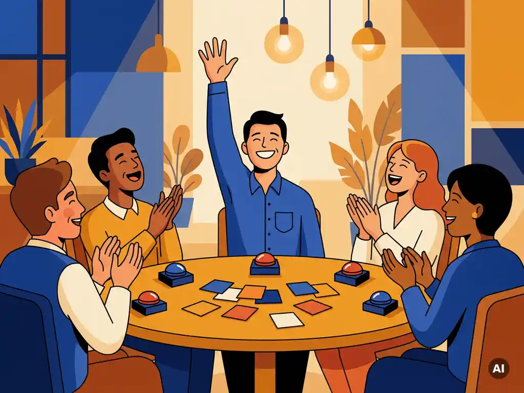 Kantoormedewerker steekt triomfantelijk hand op tijdens teamquiz, collega's klappen en lachen rond tafel met quizkaarten en buzzer.