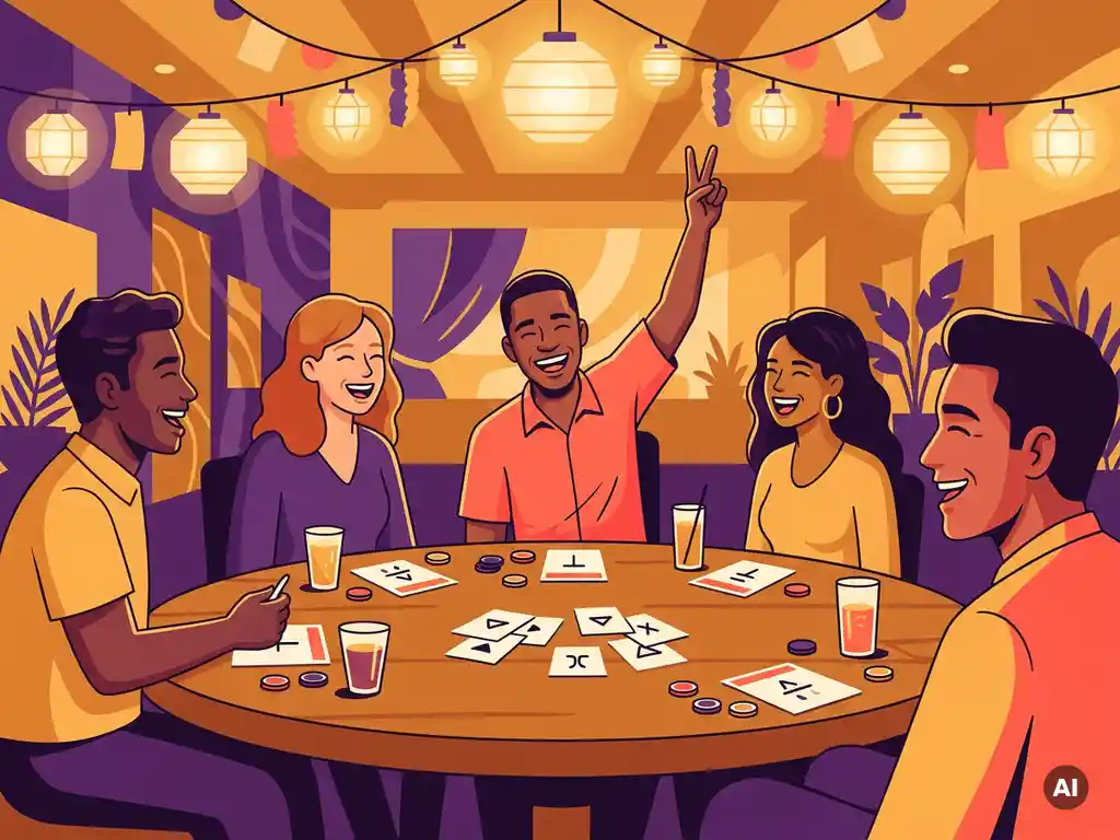 Diverse collega's lachen samen aan een ronde tafel met quizkaarten en bingo-chips, één persoon steekt triomfantelijk de hand op.