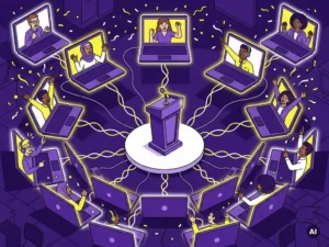 Diverse kantoormedewerkers verbonden via laptopschermen tijdens een energieke livestream quiz met podium en microfoon in paars-gele vectorillustratie.
