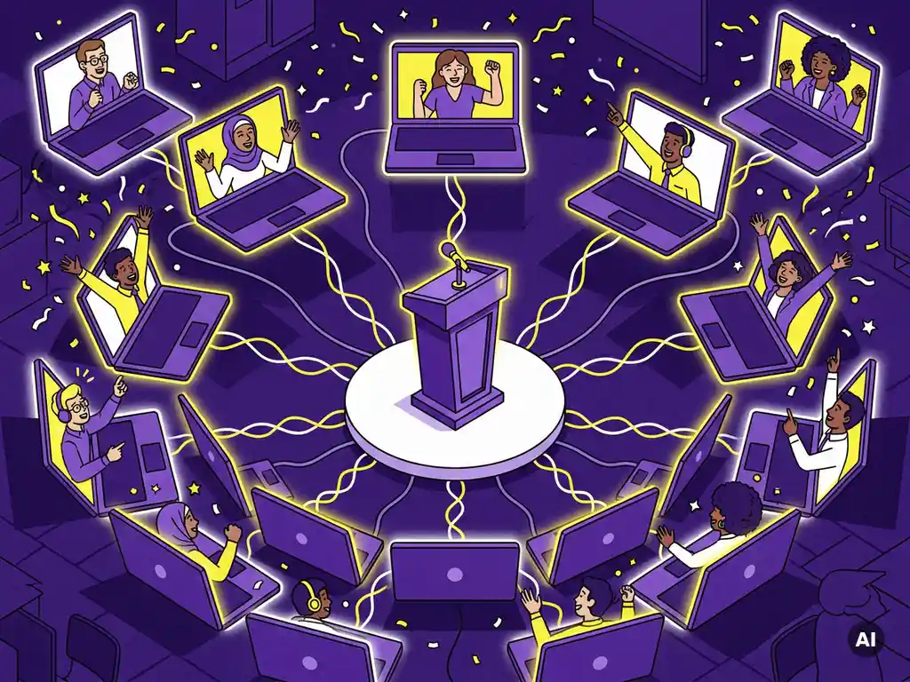 Diverse kantoormedewerkers verbonden via laptopschermen tijdens een energieke livestream quiz met podium en microfoon in paars-gele vectorillustratie.