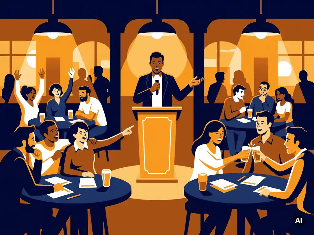 Quizmaster met microfoon aan podium leidt een pub quiz, terwijl teams om ronde tafels antwoorden invullen in warm amberkleurig licht.
