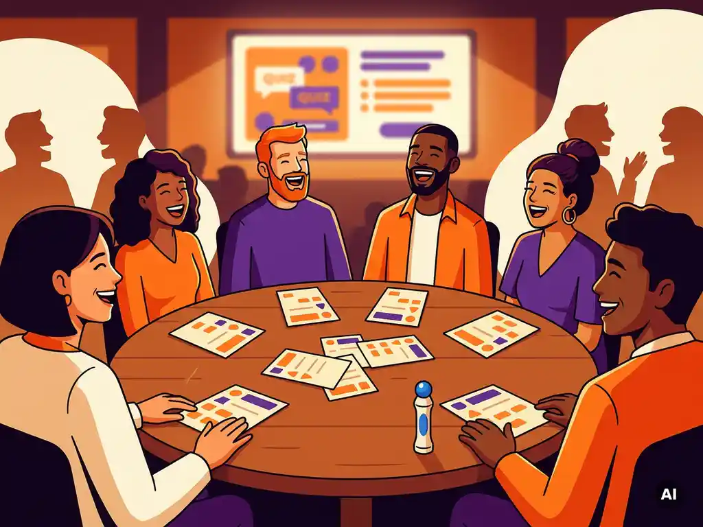 Diverse groep mensen van verschillende leeftijden lacht samen aan een ronde tafel met quizkaarten en bingostift, verlicht quizscherm op de achtergrond.
