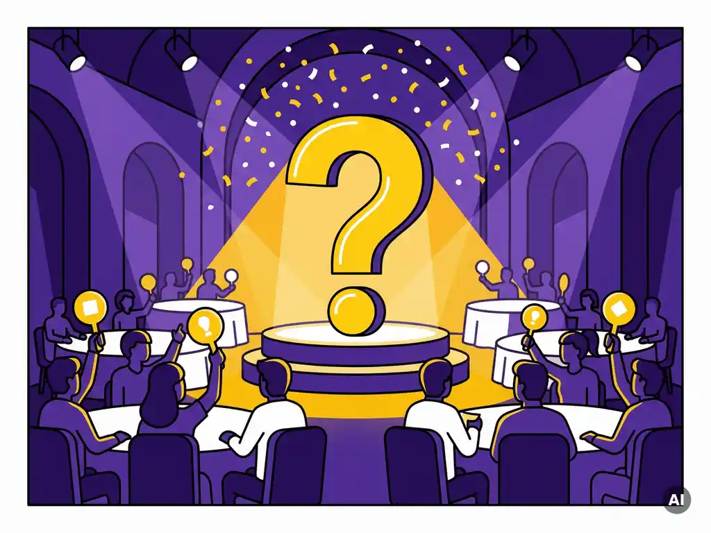 Levendig quizavond-illustratie met gloeiend vraagteken, enthousiaste figuren met antwoordborden aan ronde tafels en confetti in paars, geel en wit.