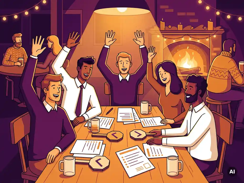 Vrolijke collega's vieren een goed antwoord bij een pubquiz, met antwoordpaddels en scorebladen op een houten tafel.