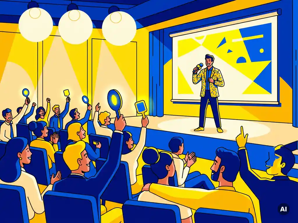 Quizmaster op podium met microfoon tijdens drukbezochte bedrijfsconferentie, publiek steekt antwoordpanelen omhoog in verlichte congreshal.