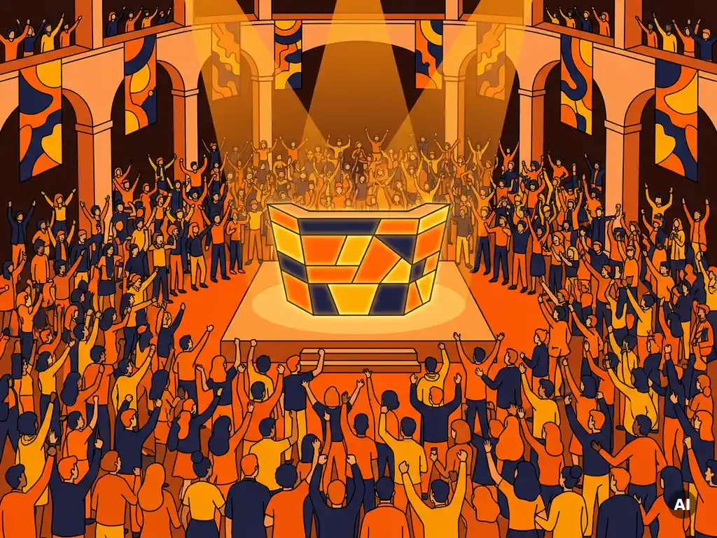 Bovenaanzicht van 500+ juichende mensen in feestelijke zaal met verlicht quizpodium, teambanieren en oranje-blauwe vectorillustratie.