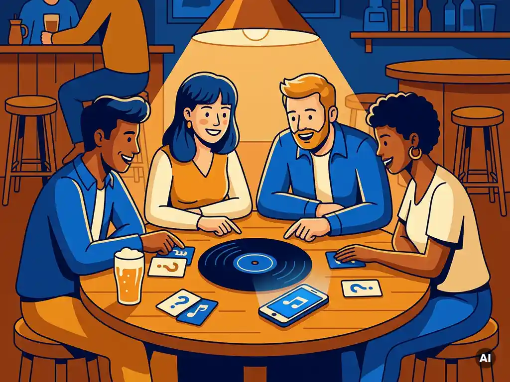 Pubquizavond met vinylplaat, smartphone met muzieknoot, antwoordkaarten en bierglas op houten tafel, enthousiaste teamgenoten.