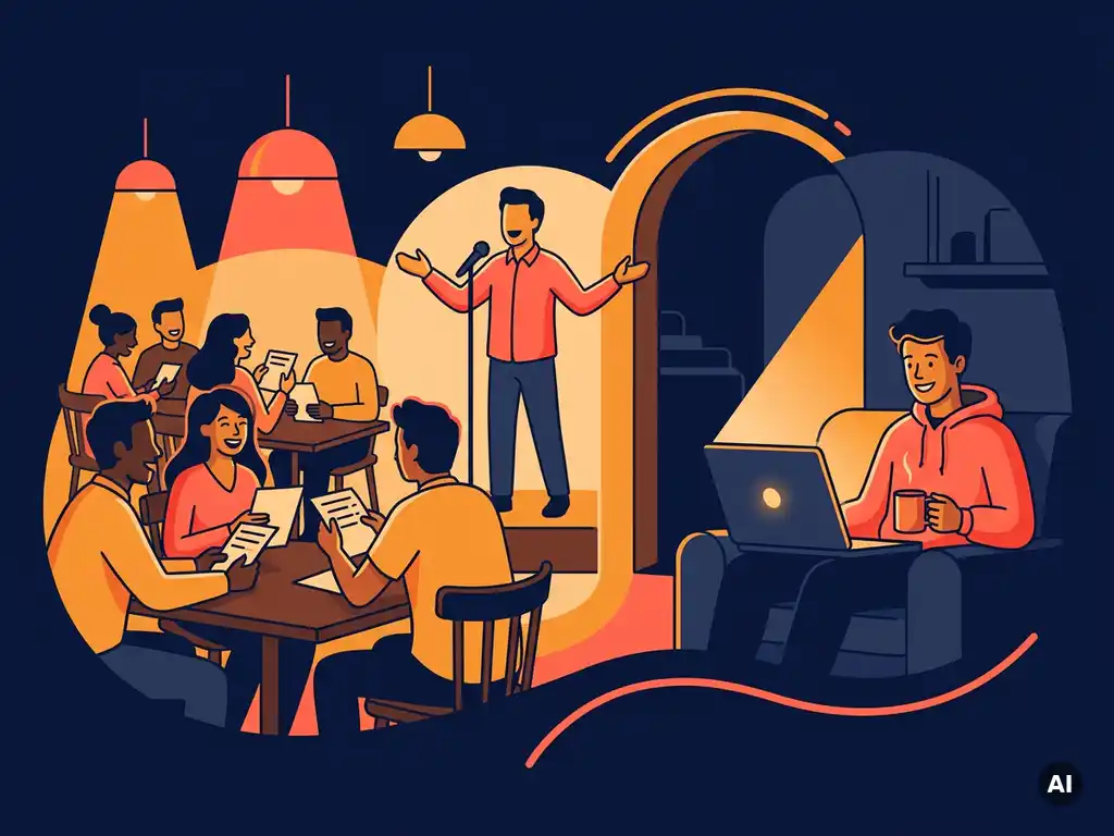 Levendige pubquiz met quizmaster en microfoon, vloeiend over naar persoon achter laptop, vlakke vectorillustratie in marineblauw, amber en koraal.