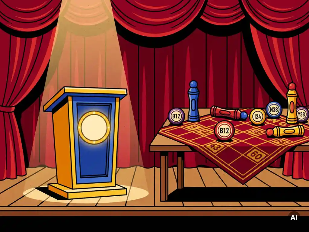 Verlicht quizpodium met spotlicht naast een bingotafel vol gekleurde daubers en genummerde ballen, rode gordijnen op de achtergrond.