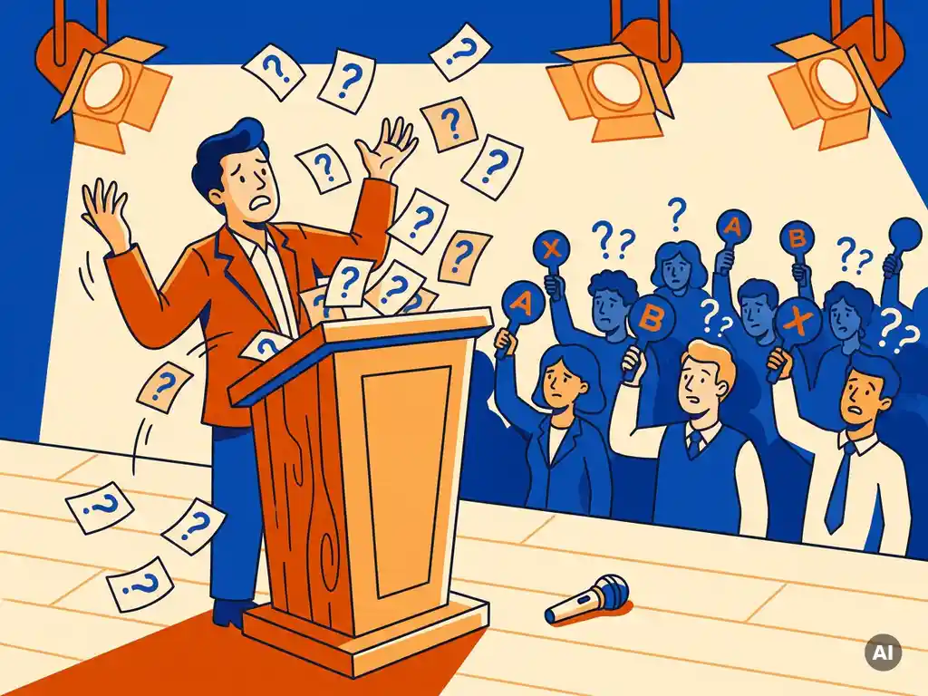 Gestreste quizmaster achter houten podium met vliegende vragenkaarten, verward publiek met foutieve antwoordborden, sfeervolle evenementenhal.