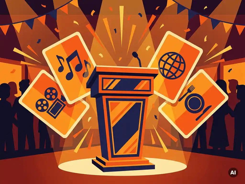 Kleurrijk quizpodium in feestzaal met vier kaarten voor muziek, film, geografie en eten, verlicht door amberkleurige spots.