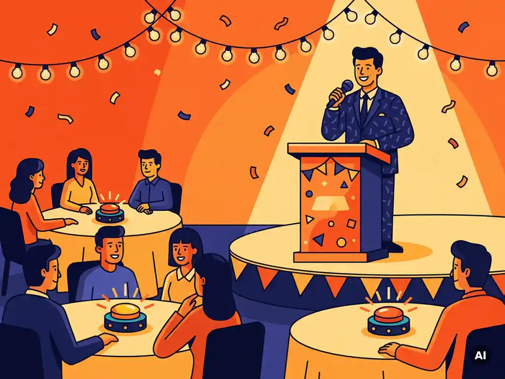 Quizmaster achter versierd podium op bedrijfsevenement, collega's aan tafels met buzzer, sfeerverlichting, levendige oranje en marineblauw kleuren.