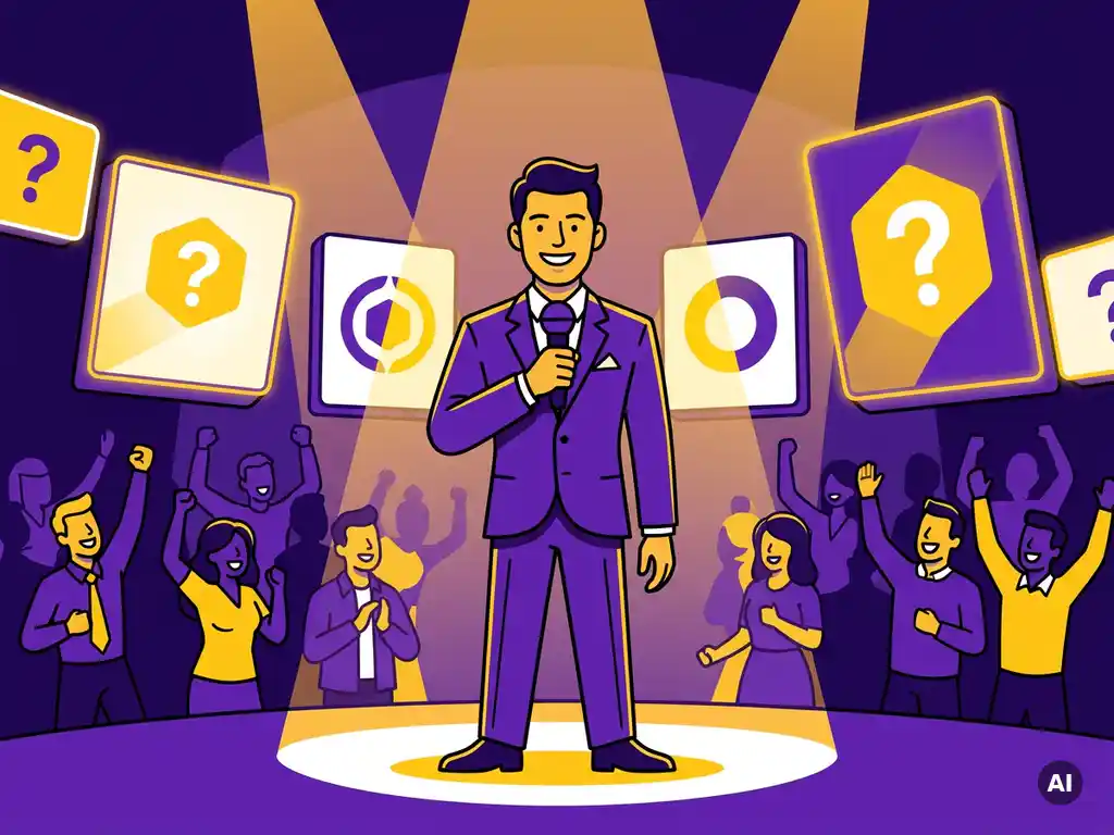 Quizmaster met microfoon op verlicht podium, omringd door gloeiende quizkaarten en enthousiast publiek van collega's.