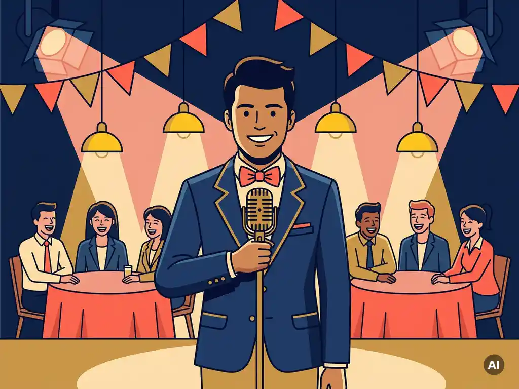 Quizmaster in blazer met vintage microfoon op feestelijk podium, collega's lachen aan ronde tafels onder gekleurde slingers.