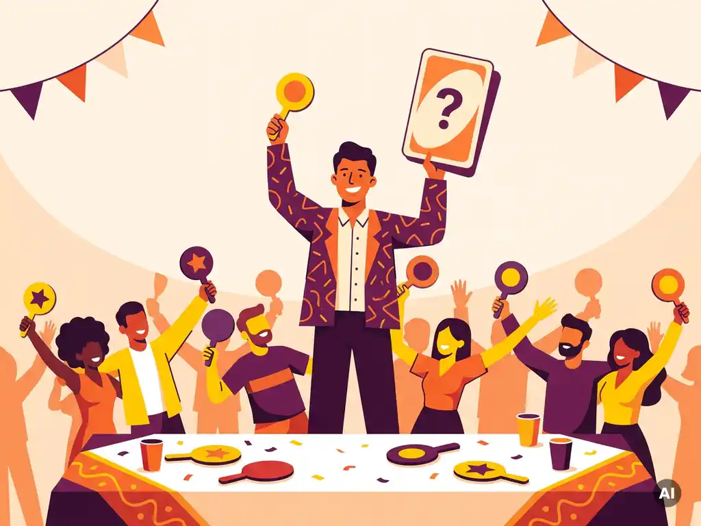 Vrolijke quizmaster met groot vraagtekenbord, omringd door enthousiaste menigte met antwoordpaddels op feestelijke tafel, kleurrijke vectorillustratie.