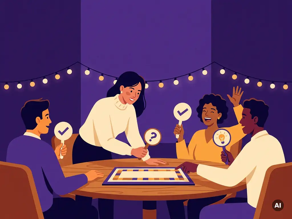 Introverte medewerker leunt vooruit aan ronde tafel tijdens teamquiz, collega's met antwoordbordjes, sfeervol café met lichtslingers.