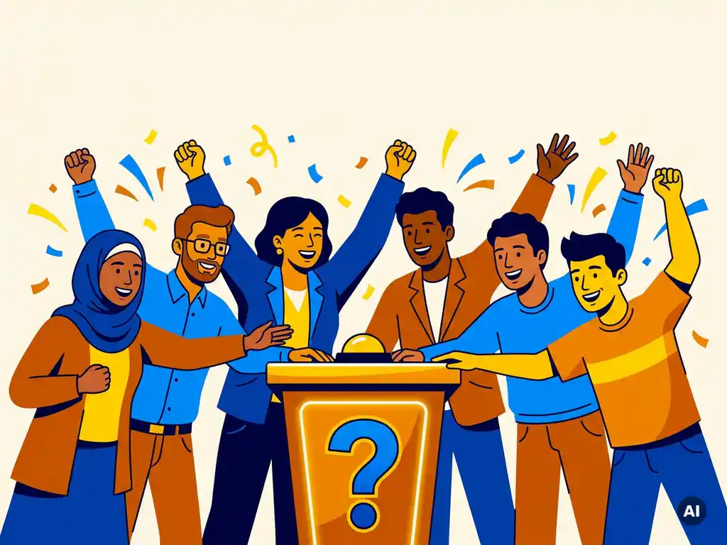 Divers team viert quizoverwinning rond verlicht podium met confetti in amber- en blauwtinten.