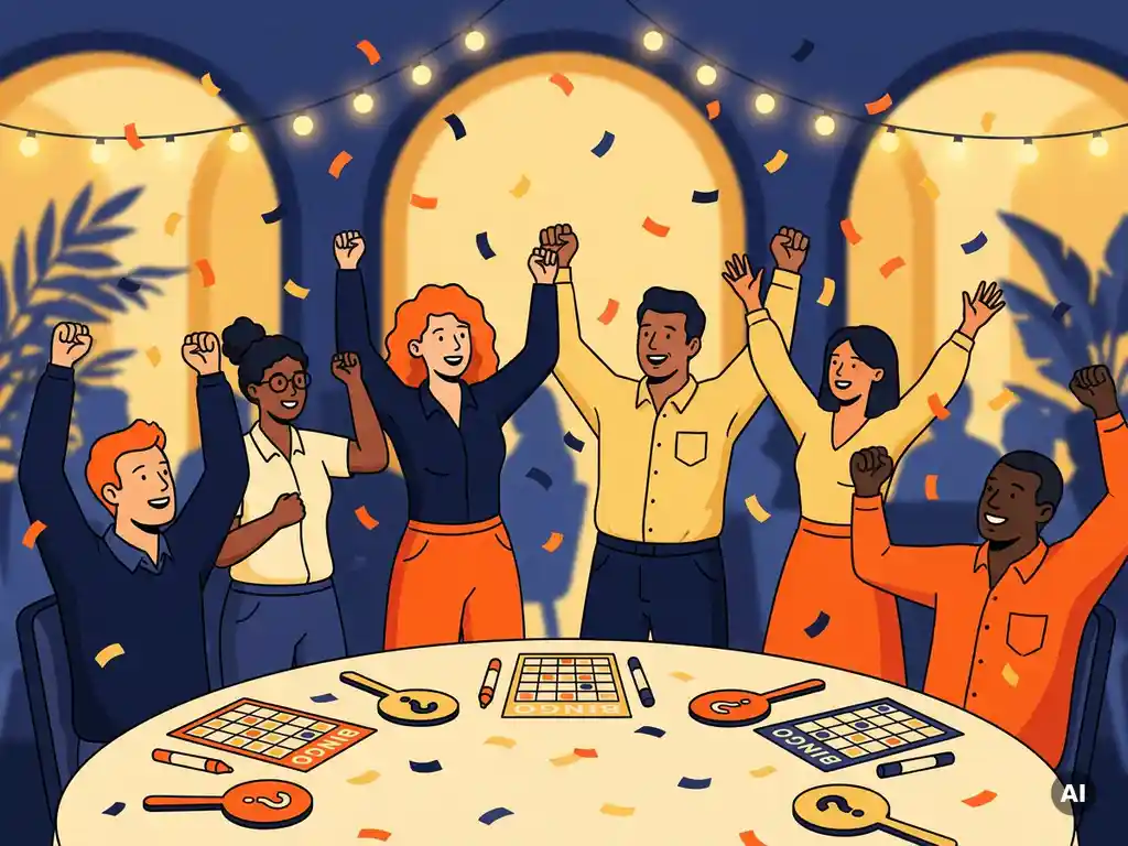 Diverse collega's juichen rond een ronde tafel met quizpaddles, bingokaarten en confetti tijdens een teamactiviteit.