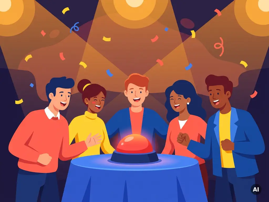 Diverse collega's rond een grote, gloeiende quizbuzzer op een feestelijke tafel, met confetti en sfeervolle amberkleurige spotlights.