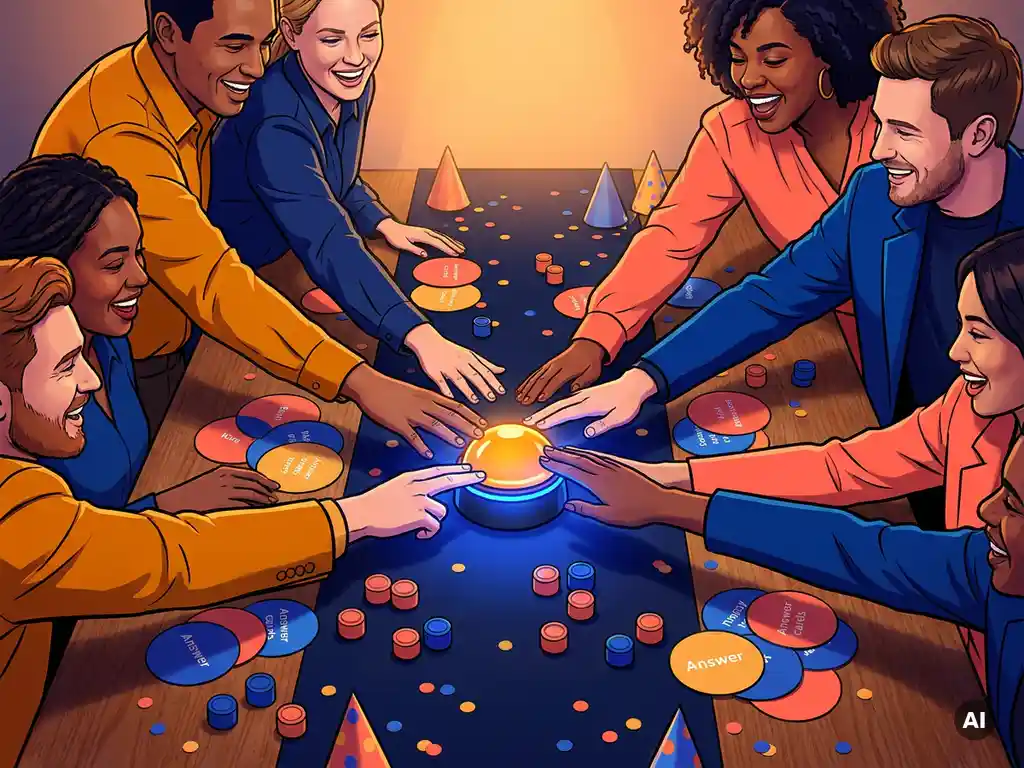 Diverse collega's rond een gloeiende quizbuzzer aan een feestelijke tafel, lachend met antwoordkaarten en bingotokens verspreid in amber en kobaltblauw.