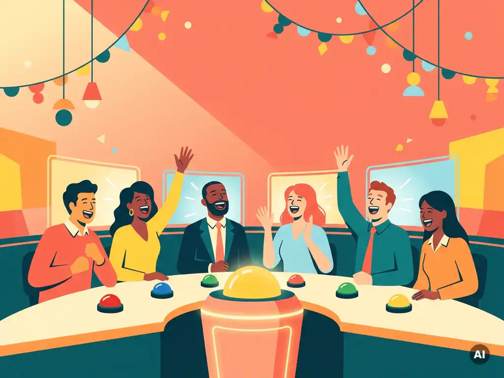 Collega's juichen en lachen rond een verlicht quizpodium met kleurrijke buzzers op tafel tijdens een teamactiviteit.