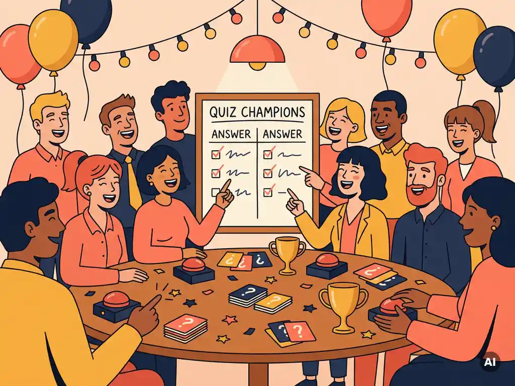 Diverse collega's lachen samen rond een ronde tafel met een quizbord, buzzers, trofeeën en kleurrijke vragenkaarten.
