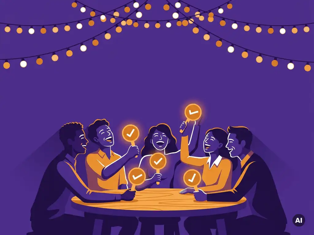 Collega's lachen en steken antwoordpaddels omhoog tijdens een quiz rond een ronde tafel, versierd met slingerverlichting.