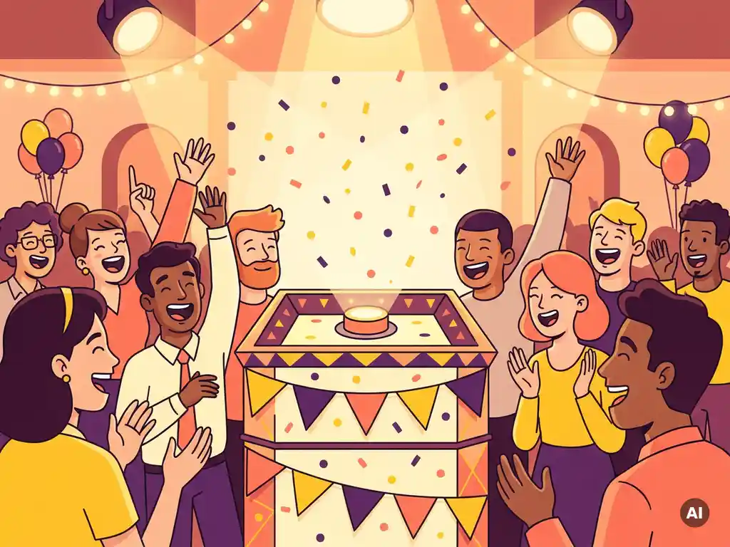 Vrolijke collega's steken hun handen op rond een verlicht quizpodium met slingers en confetti in geel, paars en oranje.