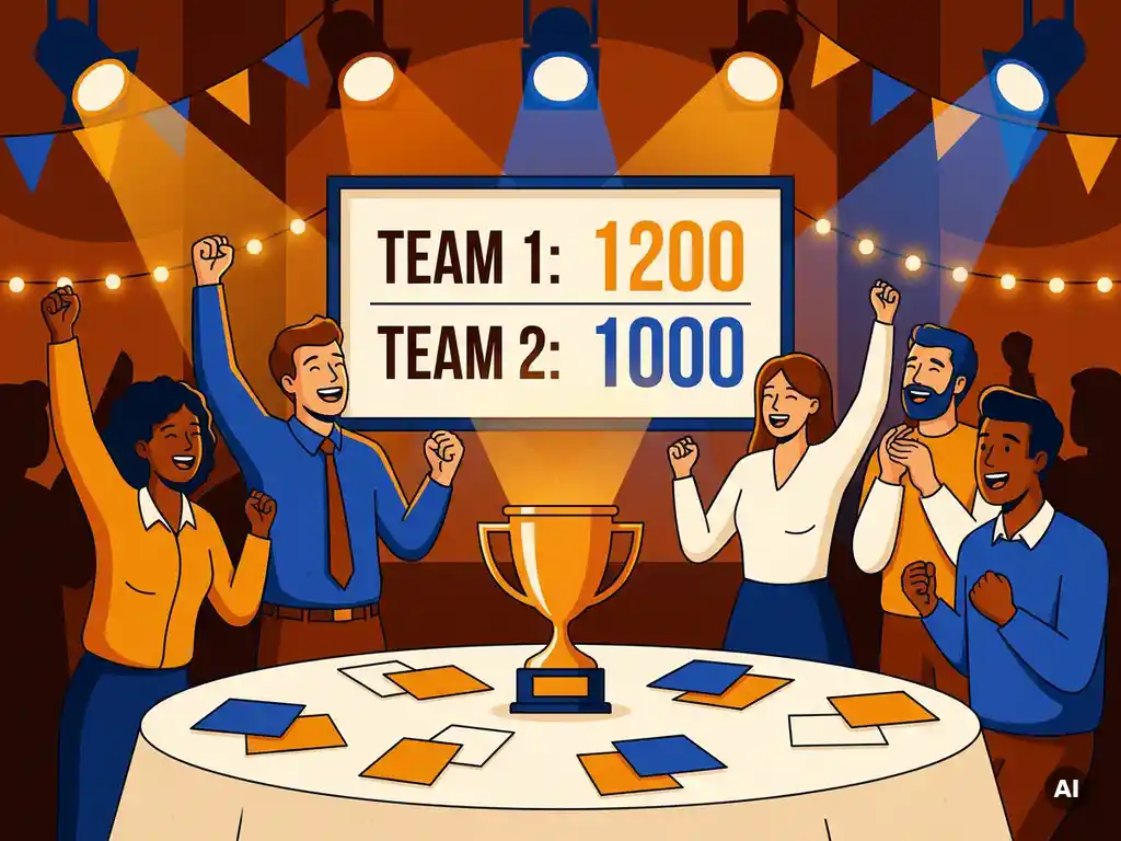 Vrolijk team dat triomfantelijk viert rond een quizscoreboard met kleurrijke antwoordkaarten en een gloeiende trofee.
